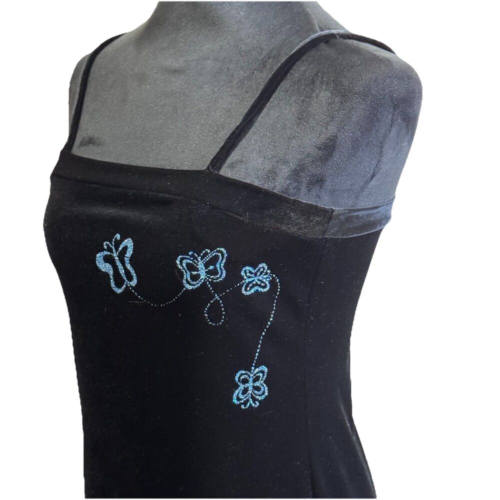 Y2K VTG Navy Stretch Velvet Formal Column Dress Sparkly Butterfly Detail Prom